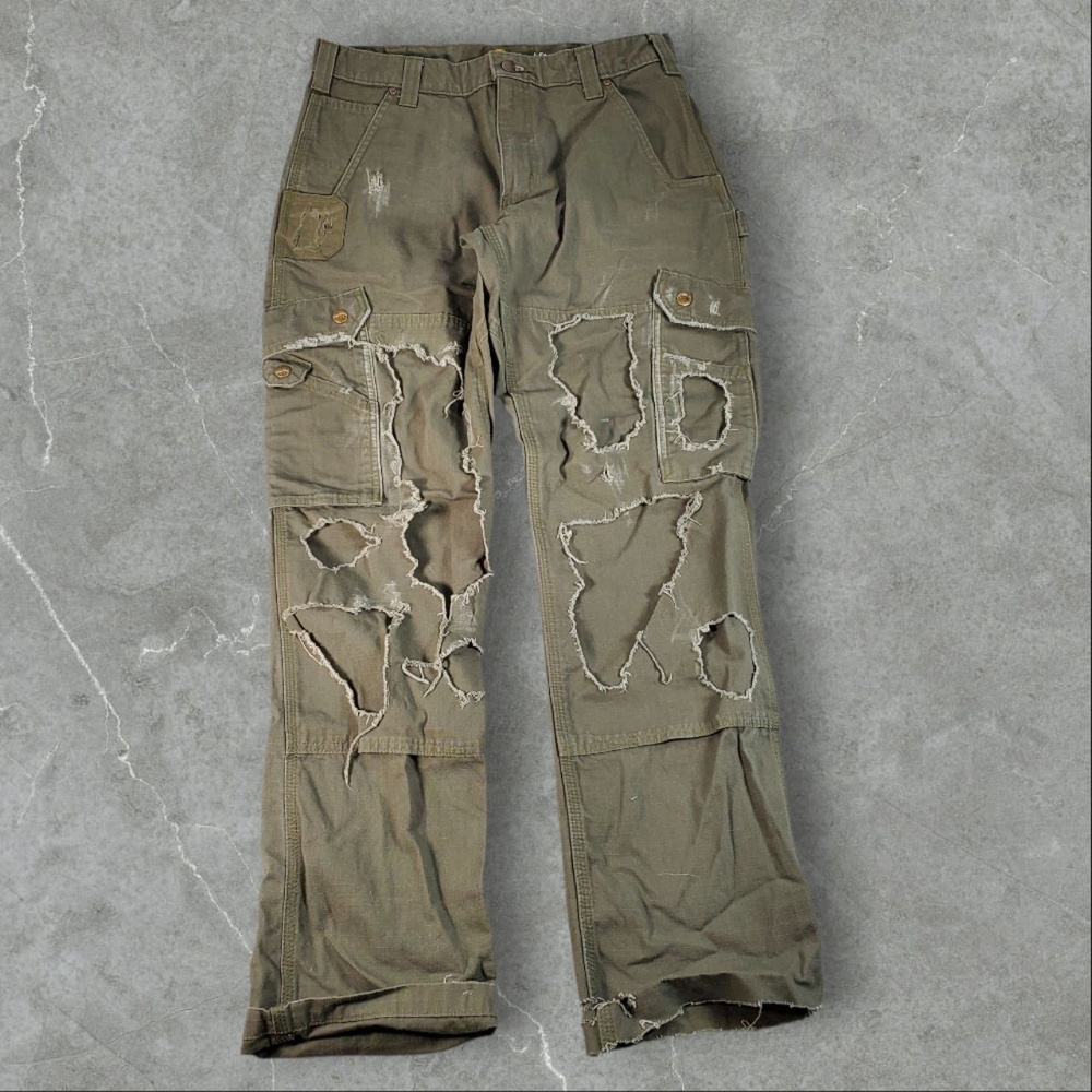 Carhartt Pants Men 33x34 Green Cargo Canvas Distressed B342-MOS Workwear Relaxed